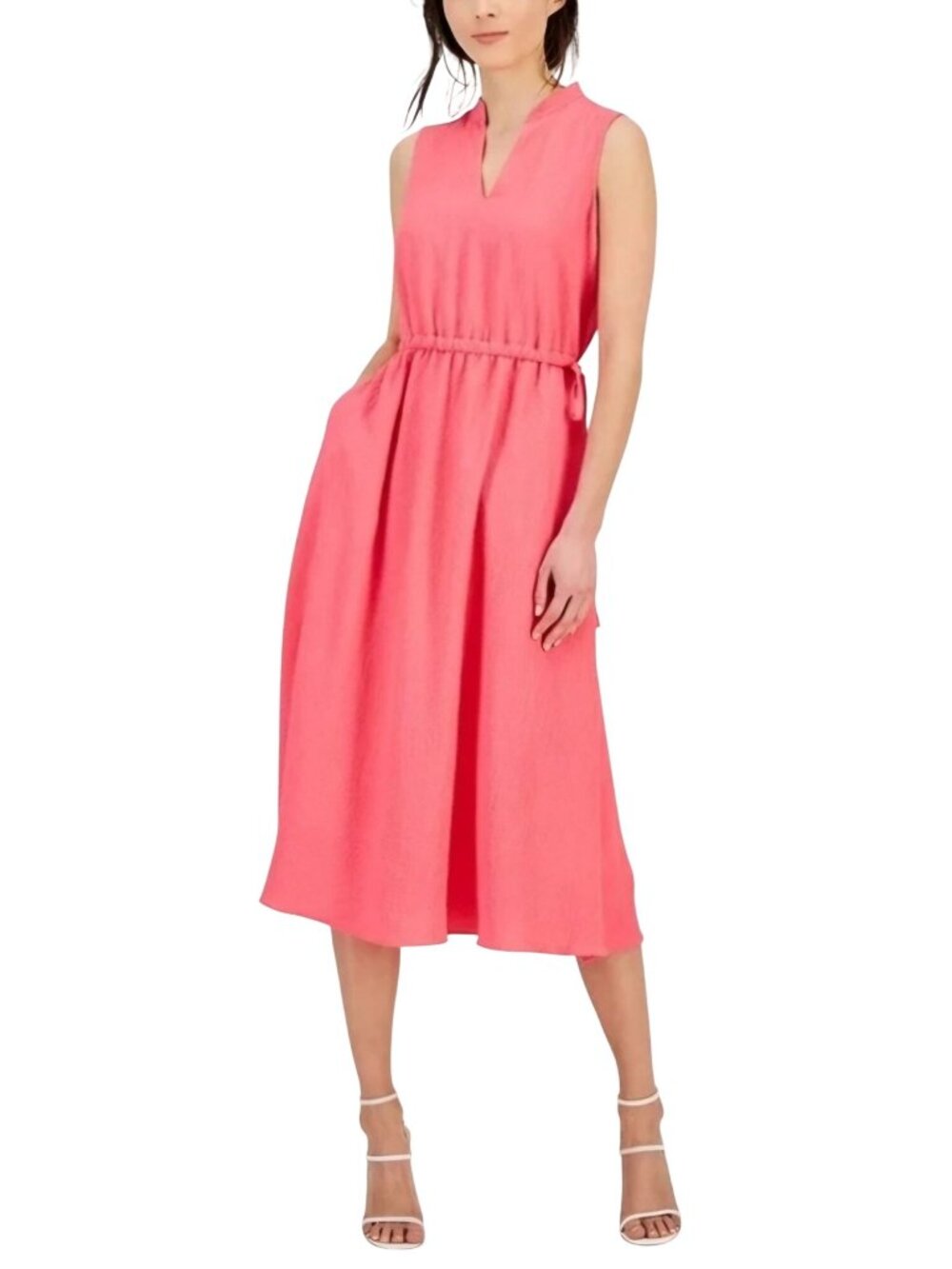 Anne Klein Coral Linen Blend Sleeveless Drawstring Tie Waist Dress Size 10